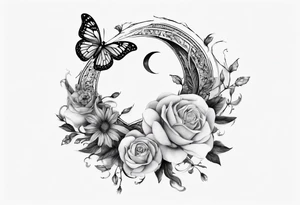 Butterfly wrap tattoos with large centre piece with moon and floral theme. Bracelet around ankle show on higher ankle tattoo idea