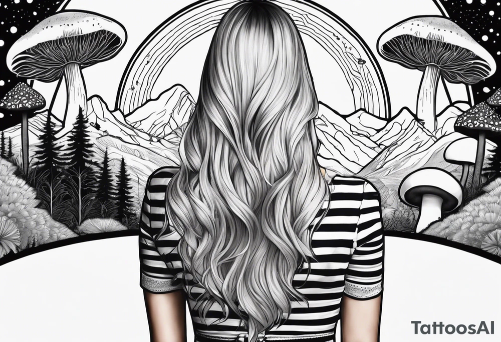 Straight blonde hair girl facing away toward mountains surrounded by mushrooms crescent moon mandala circular design black and white striped dress tattoo idea