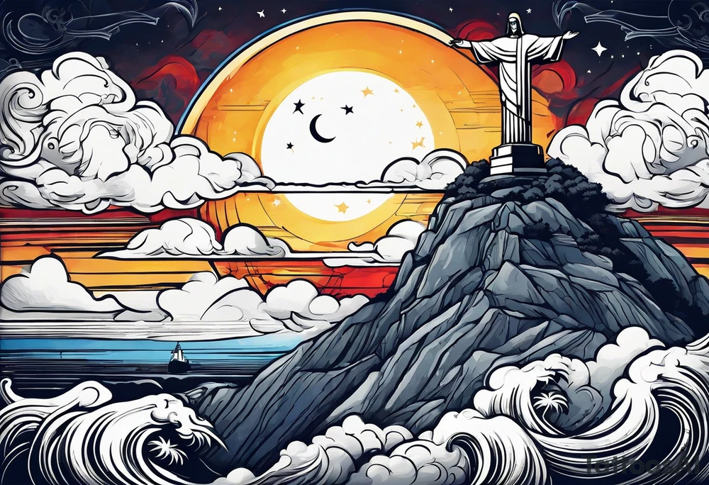 Sun and moon seen behind clouds over Christ the redeemer statue tattoo idea