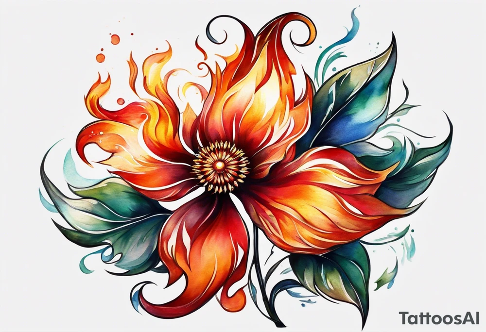 A fire wheel flower with the name Valor in the stem tattoo idea