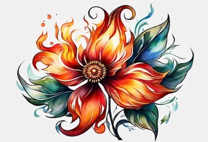 A fire wheel flower with the name Valor in the stem tattoo idea
