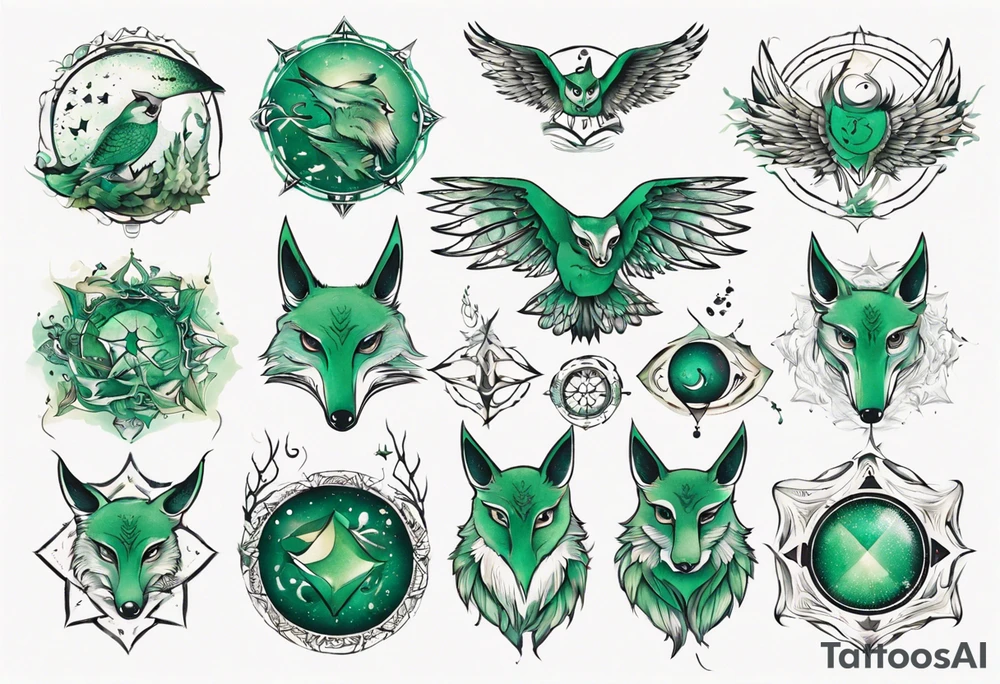 fisch, fuchs und eule , grün , symetrie universum tattoo idea