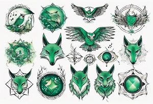 fisch, fuchs und eule , grün , symetrie universum tattoo idea