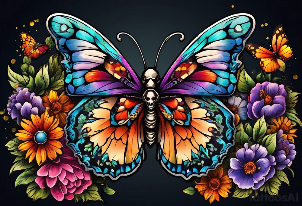 butterfly with half the wings covered in colorful bright flowers, the other half normal butterfly design but looks like a skull in the wing design tattoo idea