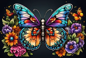 butterfly with half the wings covered in colorful bright flowers, the other half normal butterfly design but looks like a skull in the wing design tattoo idea