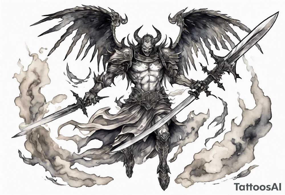A demon angel wearing organic armor that is in mid-air with his two-handed sword behind them about to attack. tattoo idea