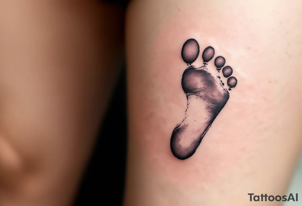 A tiny footprint in soft gray with a pink ribbon tied around it, personalized with a birthdate Lena 26. 03. 2019. tattoo idea