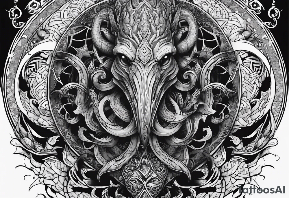 Lovecraftian creature. Protecting heart. Long tattoo for sleeve. Vertical. tattoo idea
