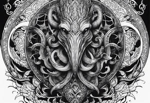 Lovecraftian creature. Protecting heart. Long tattoo for sleeve. Vertical. tattoo idea