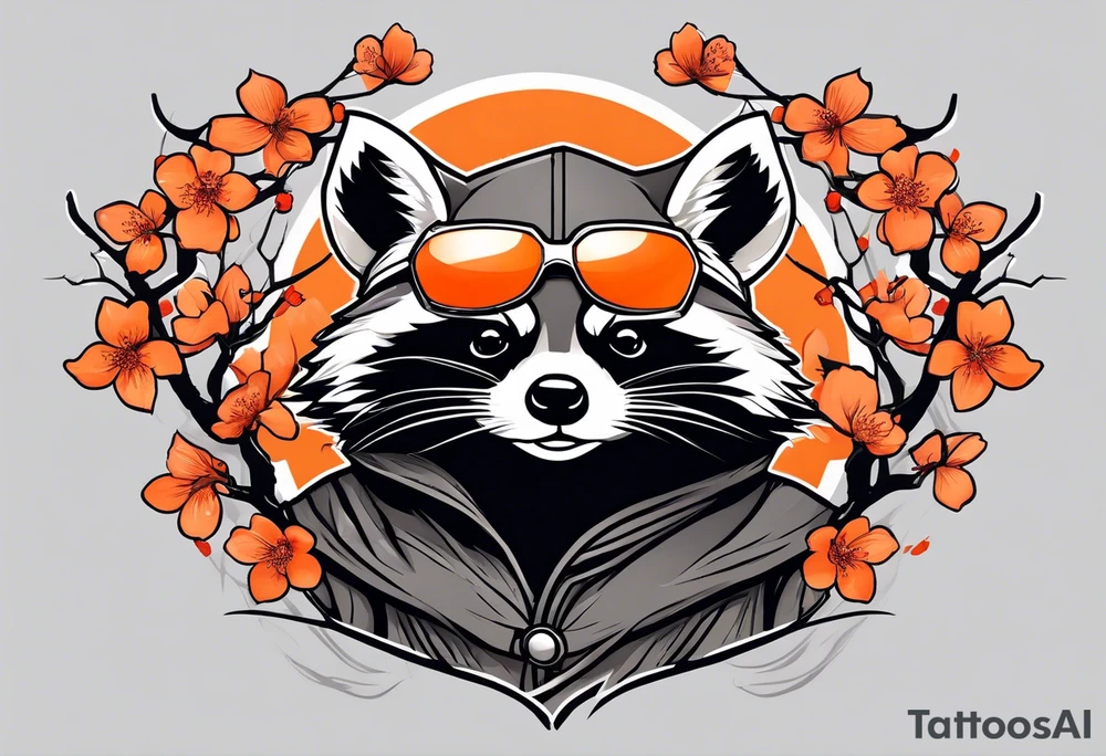 Raccoon wearing a white Superman logo on a black hoodie and orange Japanese cherry blossoms tattoo idea