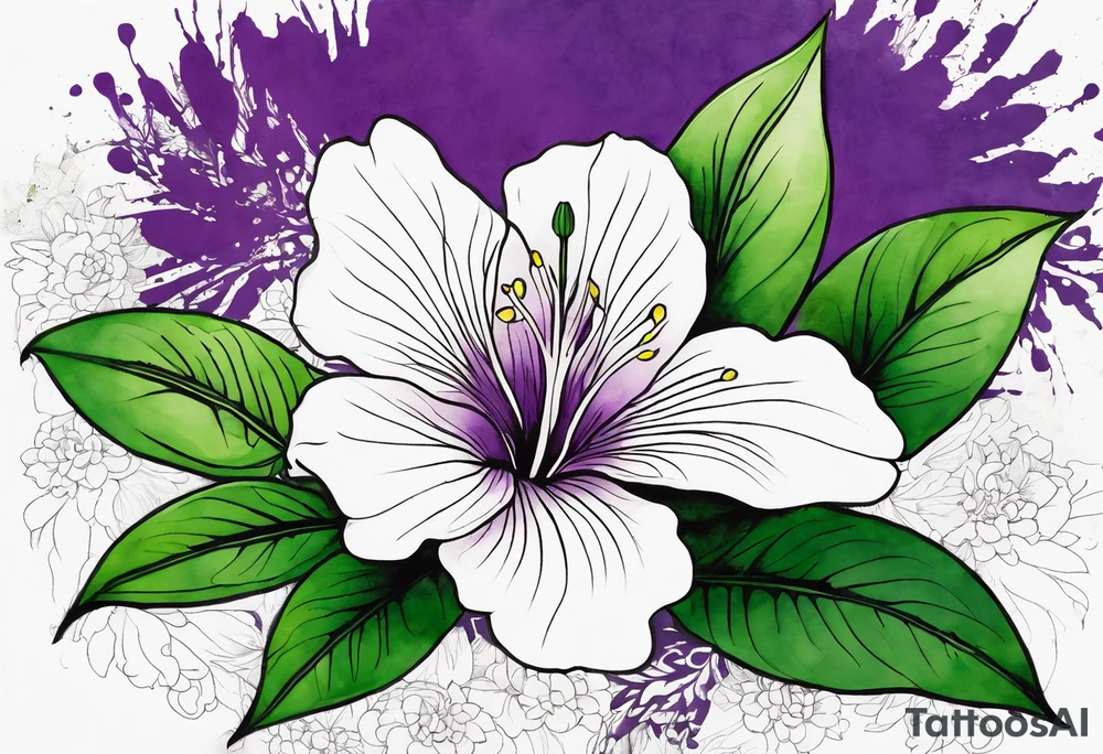 An outline of a rio dipladenia flower with a mystical green/purple watercolor splash in the background tattoo idea