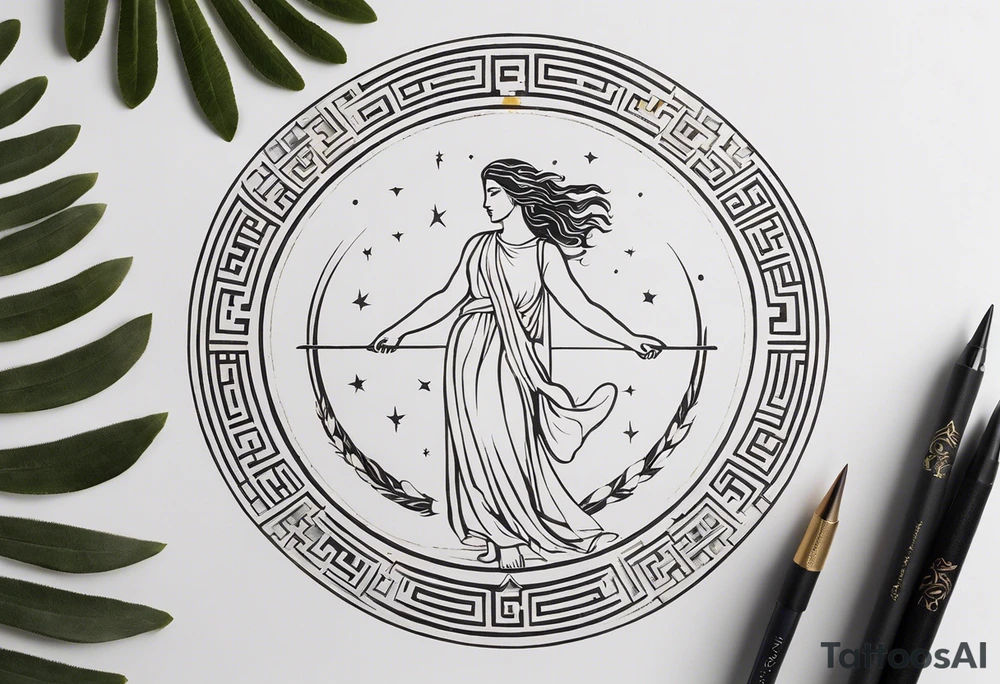 "Create a minimalist round tattoo inspired by ancient greek art, centered around the muse of history. Design a circular composition featuring the muse depicted in the center, holding a scroll adorned with historical symbols or inscriptions. Surround her with subtle yet meaningful elements such as ancient greek architectural motifs, symbolic representations of ancient civilizations, or fragments of historical texts. Ensure the design maintains a minimalist aesthetic with clean lines and limited detail, while capturing the essence of dedication to preserving and inspiring the study of history within the circular frame." tattoo idea