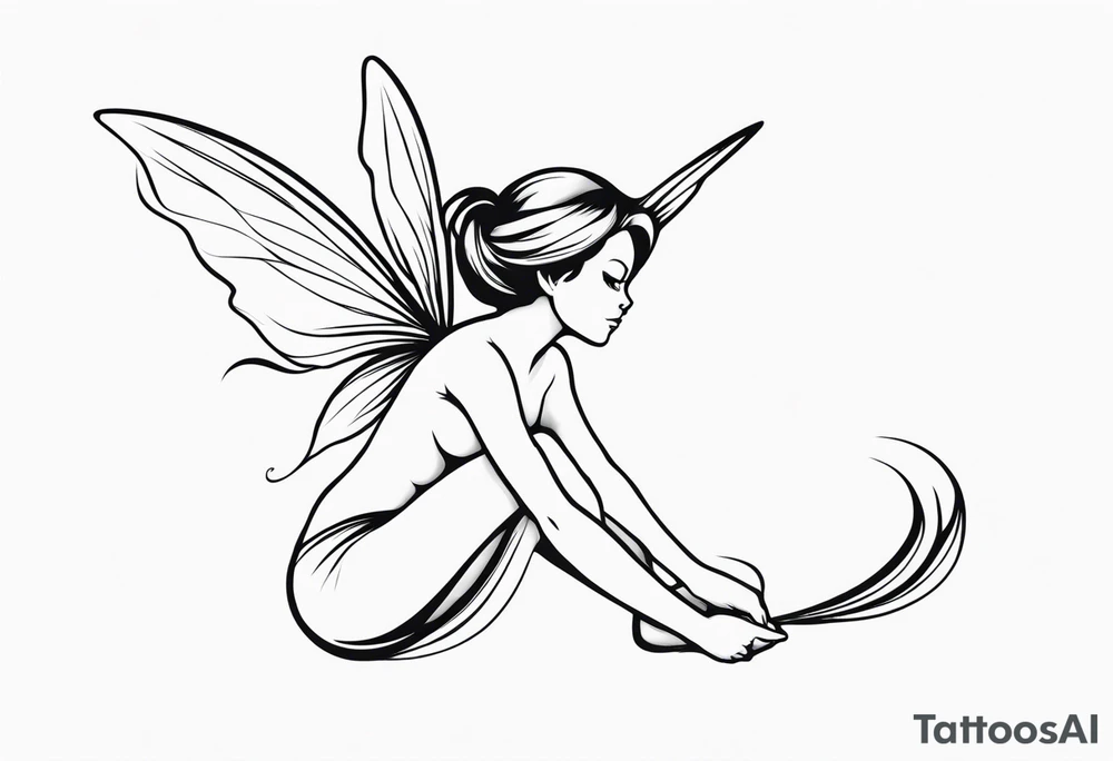 Minimalistic, monochromatic fairy with a tail flying to the left in a fetal position, leaning and looking in the same direction, with visible hands, embodying the 'Fairy Tail' logo aesthetic. tattoo idea