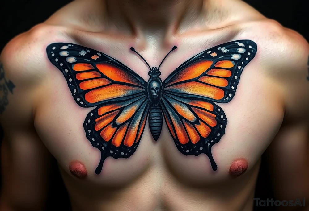 powerful majestic and dark monarch butterfly with  graffiti skull detail as the body hidden skulls in wings, skull detail making the body of the butterfly with a horror style effect, including blue,  orange and white colouring
placement on chest at collarbone tattoo idea