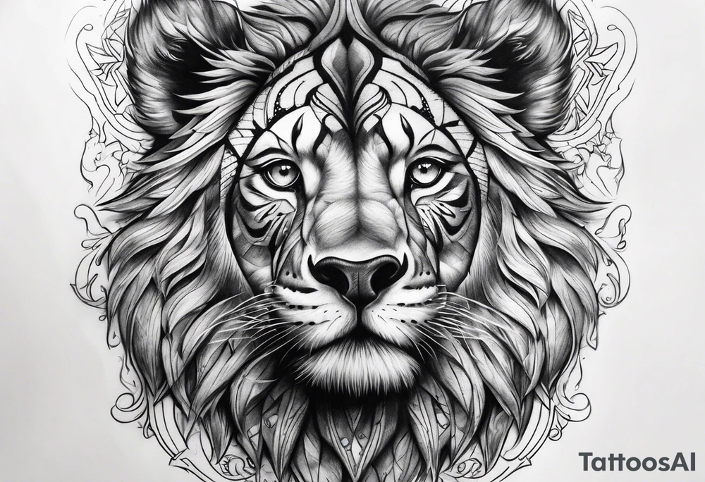 uma leoa, um leao e seus dois filhotes dentro de um retangulo tattoo idea