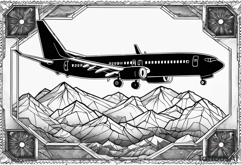 boeing 737 silhouette viewed from infront of the plane, and the silhouette is filled in with mountain scenery, and has a thin black lined border in an oblong diamond shape tattoo idea