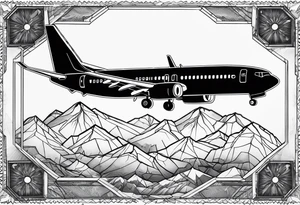 boeing 737 silhouette viewed from infront of the plane, and the silhouette is filled in with mountain scenery, and has a thin black lined border in an oblong diamond shape tattoo idea