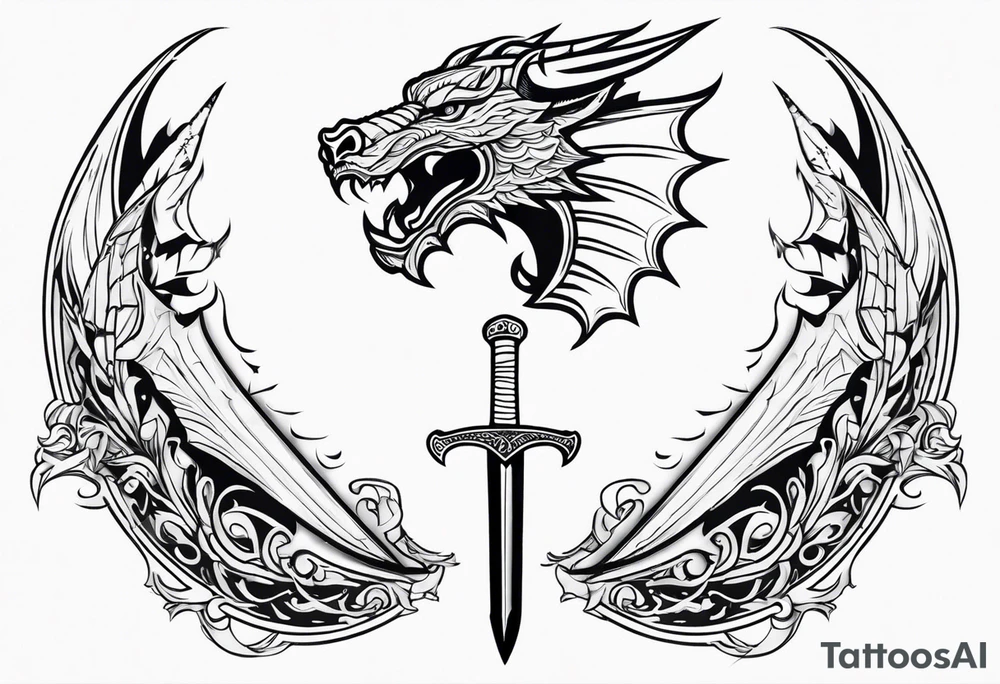 Valhalla sword shield dragon head muscle tattoo idea