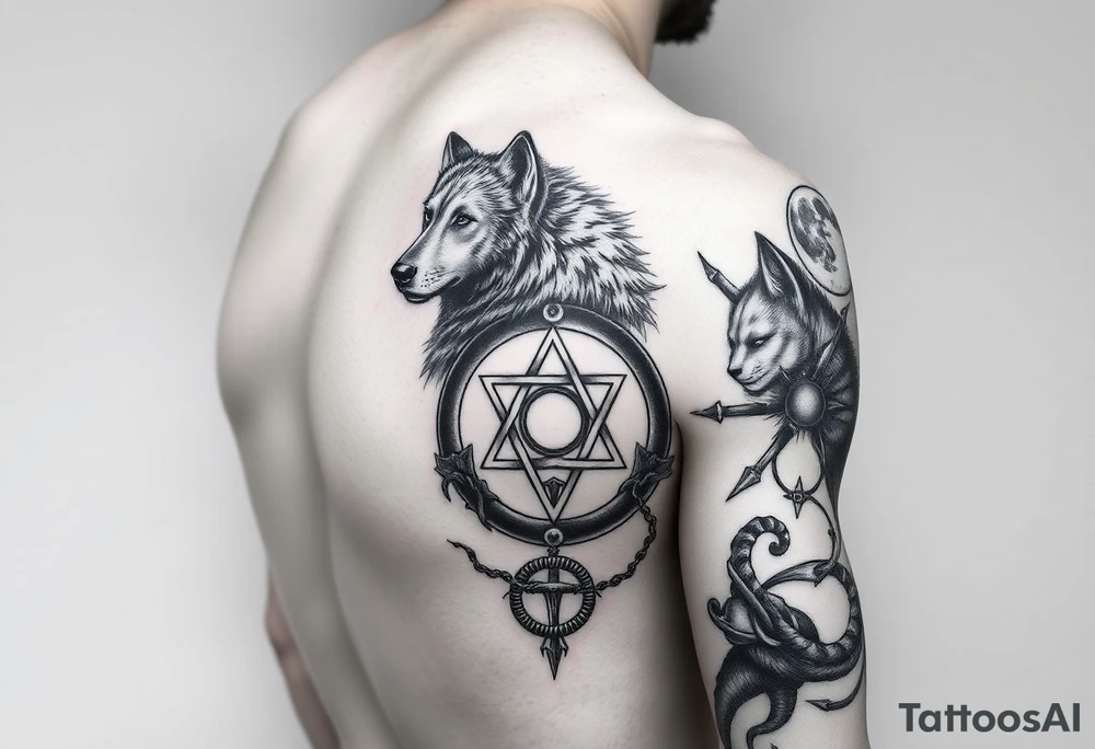 Right arm sleeve for men 
With wolf and moon on the top then Triskelion: Cycles of life then Ouroboros then something else tattoo idea