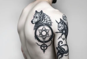 Right arm sleeve for men 
With wolf and moon on the top then Triskelion: Cycles of life then Ouroboros then something else tattoo idea