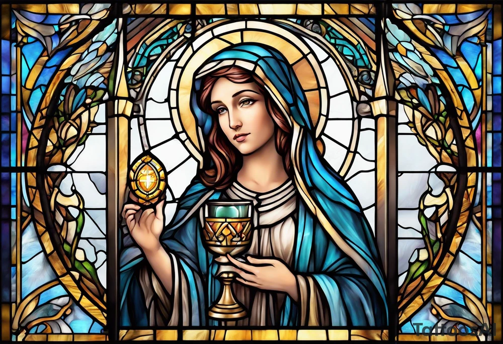 holy saint woman with halo stained glass holding a chalice tattoo idea