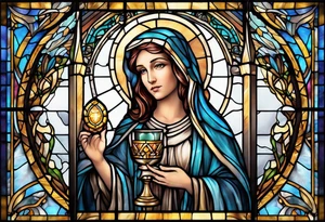 holy saint woman with halo stained glass holding a chalice tattoo idea