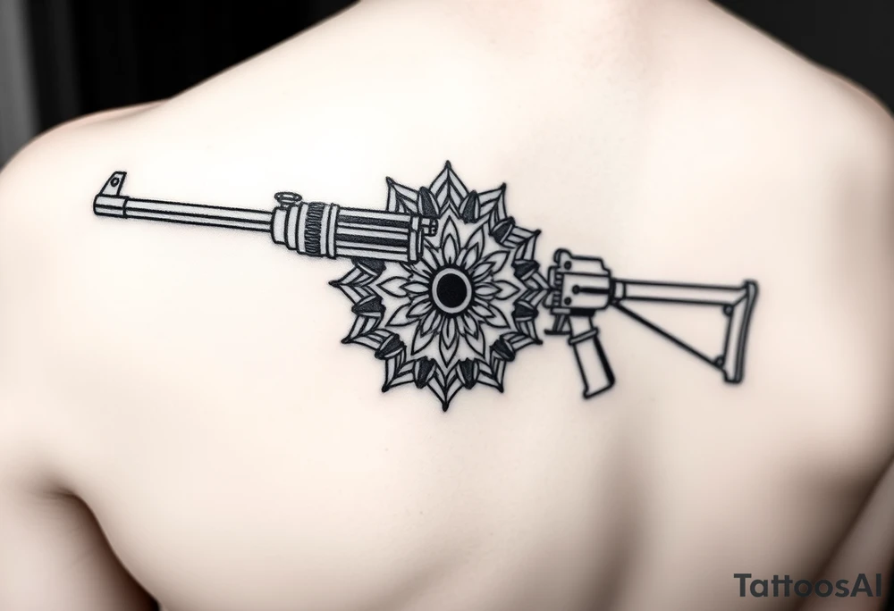 "Black linework tattoo merging two elements:
1. HISTORICAL: Maxim M1910 machine gun (simplified silhouette)
2. SPIRITUAL: Tibetan mandala (8-spoke design)

Key details:
- Gun barrel TRANSFORMS into mandala (smooth geometric transition)
- Water cooling jacket resembles Dharma wheel
- Ammo belt becomes prayer beads (tiny Om symbols)
- Red dot sight is ACTUAL 1mm mirror insert

Technical specs:
- Pure black ink
- Size: 12cm length (forearm placement)
- Style: Geometric sacred meets mechanical
- No shading/background

Philosophy reference: 
'Weapons as enlightenment tools' from Chapaev and Void" tattoo idea
