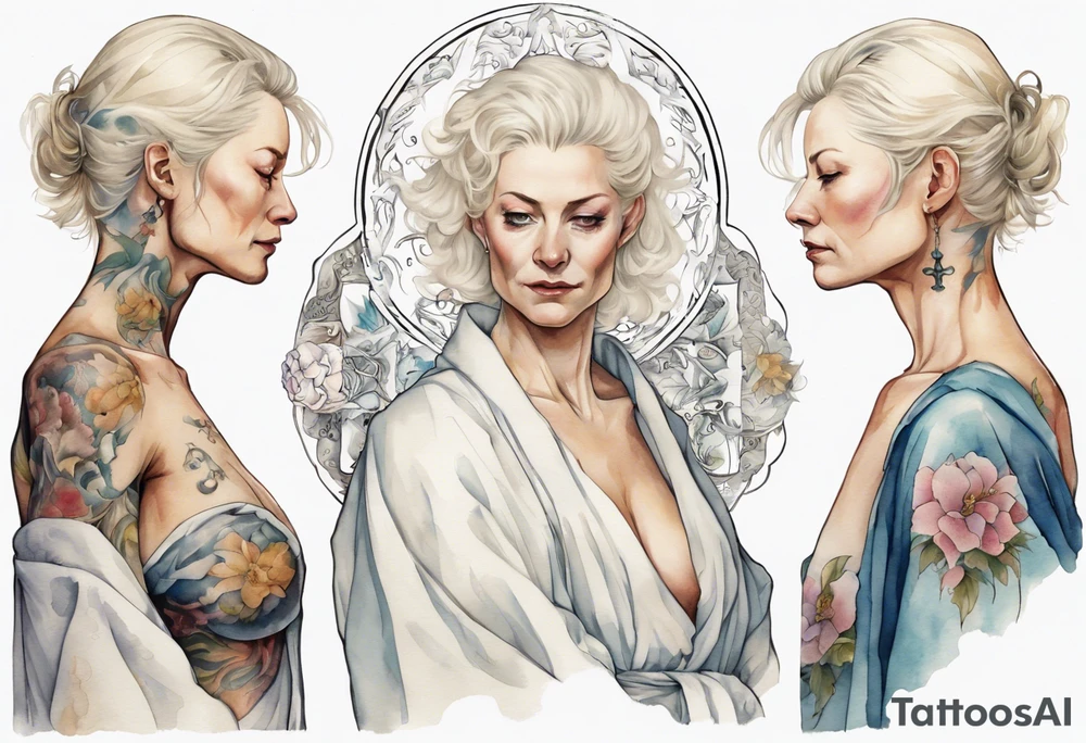 platinum blonde woman in her 40s wearing white medieval robe tattoo idea