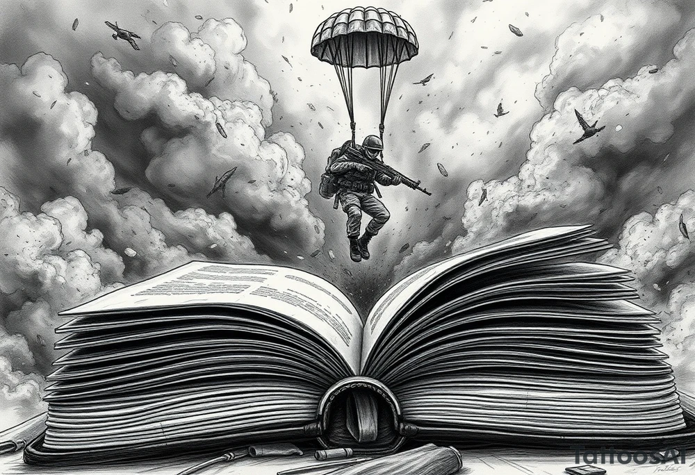 “A parachuting soldier descending from a storm-torn sky, smoke, embers and debris swirling around; the soldier is in mid-air, detailed gear (helmet, boots, rifle slung over shoulder), just about to land into an open, aged book with weathered pages spread wide. The book is large, ancient leather bound, its pages fluttering, cracks or tears on edges. The scene is dramatic, surreal: perspective from low so you see the book in foreground, sky above dark and chaotic, contrast between harsh sky and the calm, almost sacred book. Style: high-contrast black & grey with some muted earth tones and a single vivid accent colour (e.g. red). Fine line work, slightly realistic with stylised surreal elements; shadows deep; textures of leather, cloth, smoke detailed.” tattoo idea