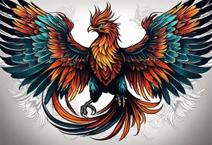 Tattoo: A powerful, majestic phoenix, depicted mid-flight or rising, with wings extended and feathers flowing. Deep shading and intricate details to bring out the texture and motion of the feathers. tattoo idea