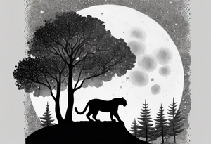 panther and a tree landscape moon tattoo idea