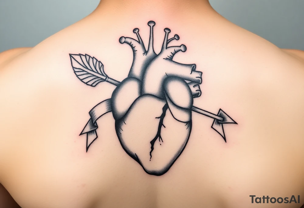 anatomical heart pierced by ornate arrow with flowing ribbons tattoo idea