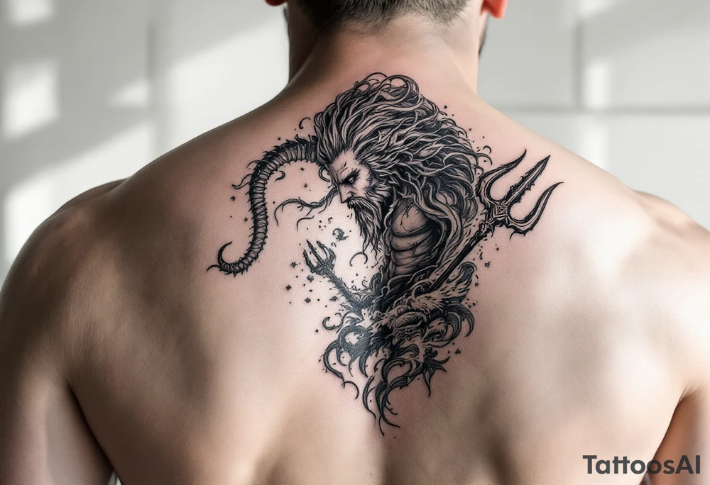 powerful poseidon with trident, surrounded by water and sealife tattoo idea