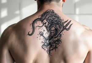powerful poseidon with trident, surrounded by water and sealife tattoo idea