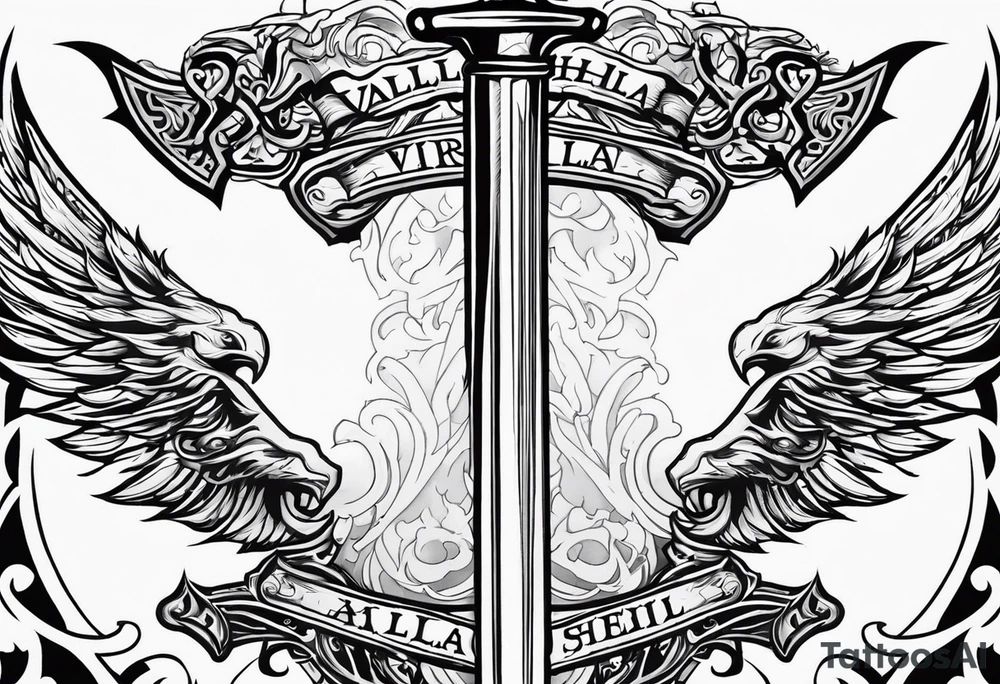 Valhalla on  fire shield sword tattoo idea