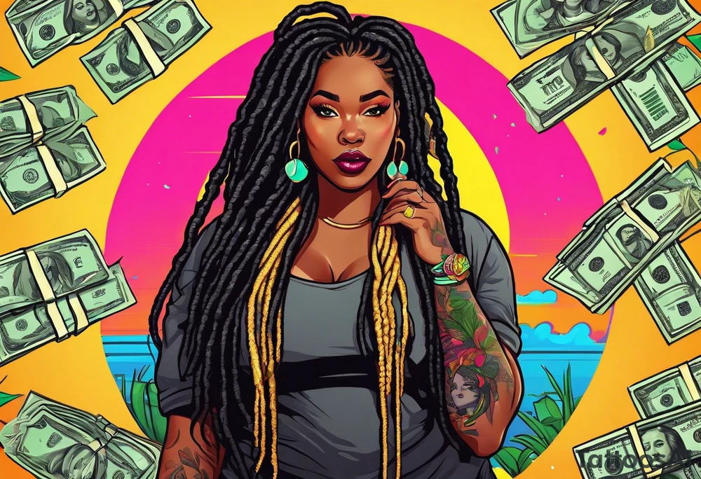 beautiful thick black women with long straight dreadlocks, new school style, holding piles of money, colorful, neon, bright, streetwear, streetstyle, urban tattoo idea