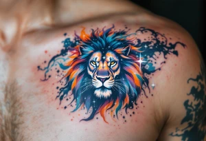 A fierce lion outlined in stardust white roams across a watercolor canvas of midnight blues and fiery oranges with bold Lion star constellation tattoo idea