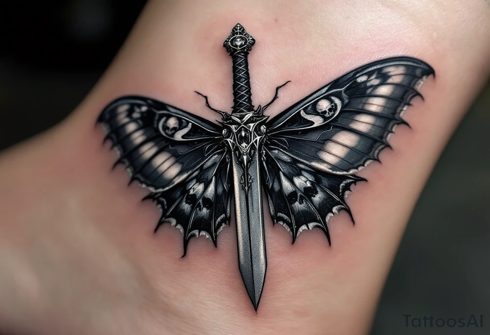 Dagger and Moth – A mystical dagger surrounded by a detailed black and gray moth, its wings featuring soft white highlights and subtle patterns resembling skulls. The dagger is dark silver with antique-style carvings. tattoo idea