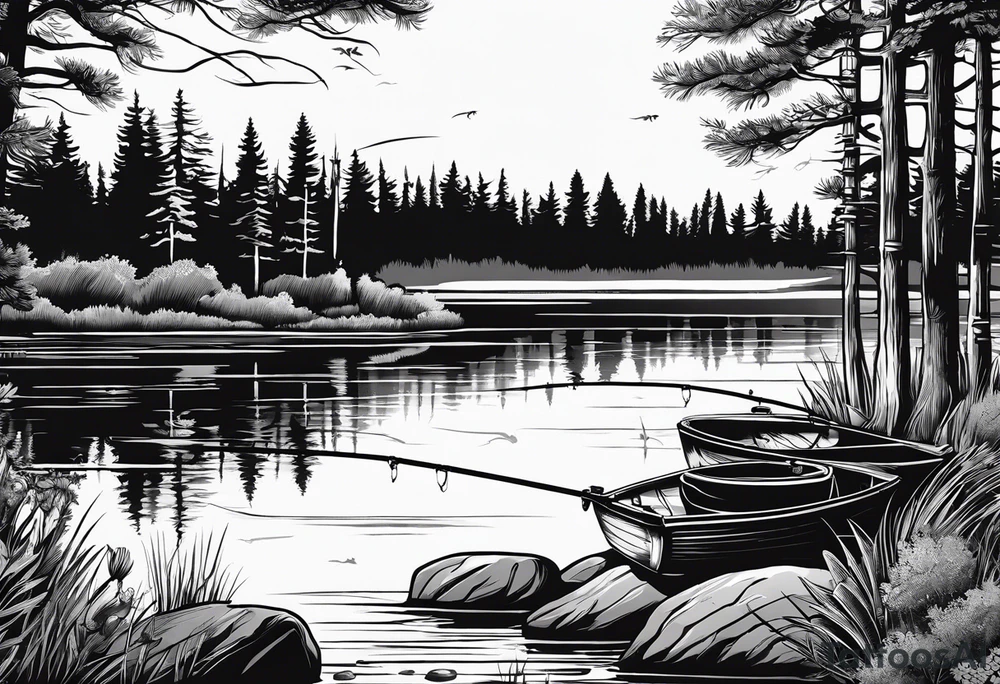 Fishing rod on a lake bank
do not put a fish in the picture fine line silhouette tattoo idea
