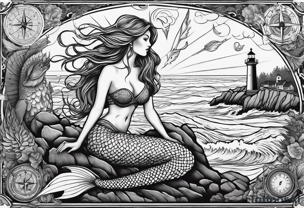 Mermaid sitting on a lighthouse’s rock, vessel in a storm, a compass, a nautical chart tattoo idea