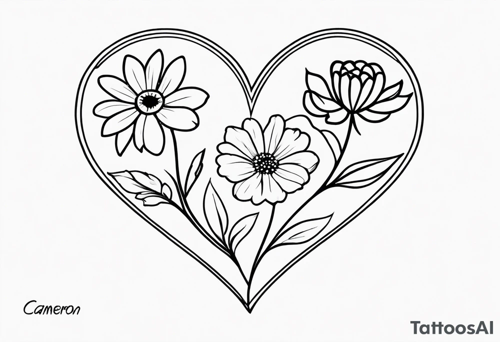 Heart with September birth flowers with the name Cameron and the time 8:34am tattoo idea