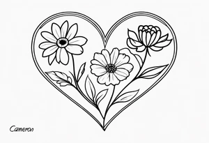 Heart with September birth flowers with the name Cameron and the time 8:34am tattoo idea