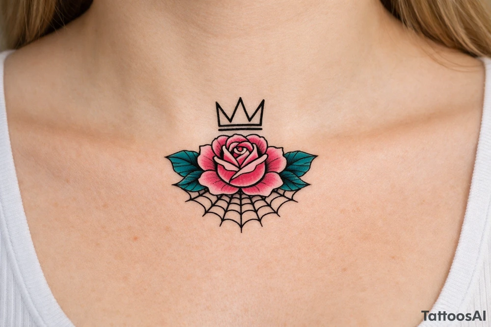 Pink and petrol rose , petrol leaves no stem, minimalist crown above it, crown is black and white and has no gems, crown has three spikes , resembles the basquiat crown , spider web beneath tattoo idea