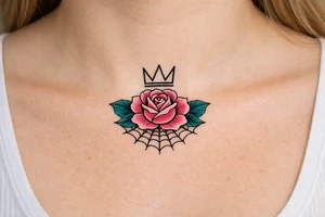 Pink and petrol rose , petrol leaves no stem, minimalist crown above it, crown is black and white and has no gems, crown has three spikes , resembles the basquiat crown , spider web beneath tattoo idea