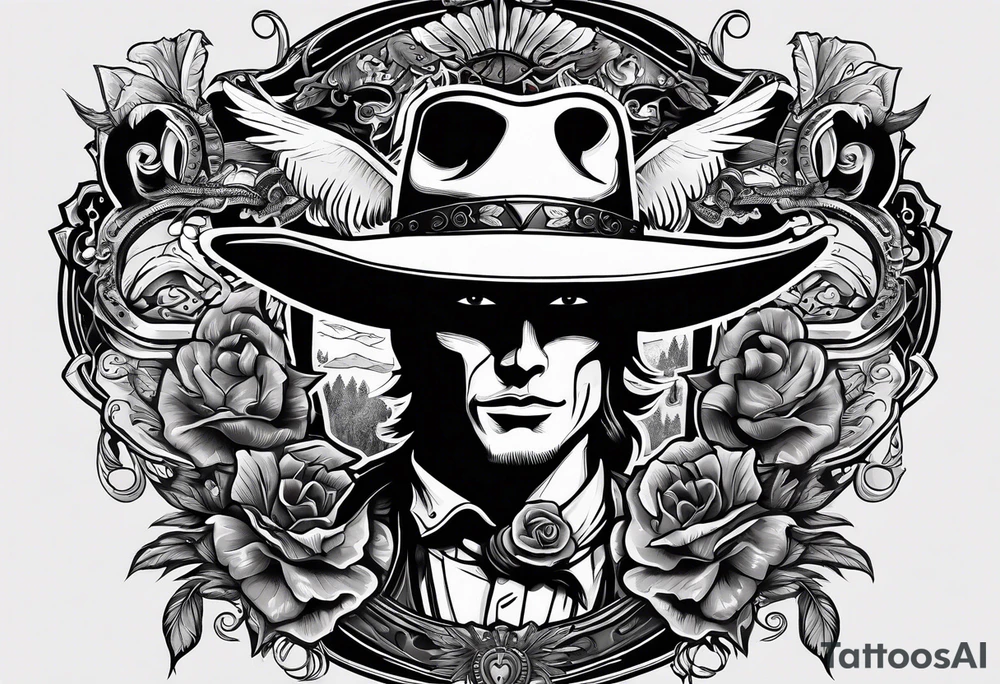 sleeve with a wild west vibe with elements of a cowboy, playing cards, and birds, with no people or faces tattoo idea