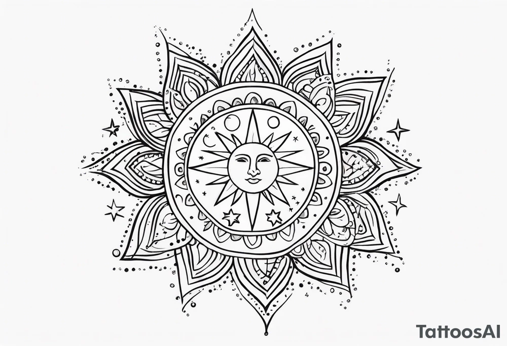 mexican sun stars and moon. Mirrored with swirls and dots and stars tattoo idea