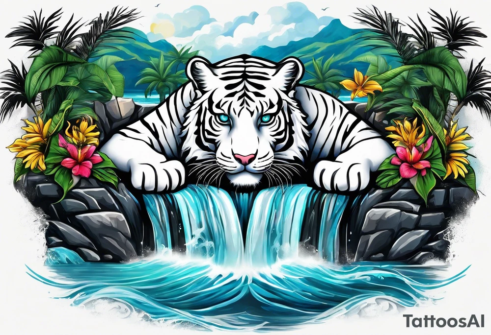 Two tigers: a white tiger and black tiger on opposite sides of the waterfall with a calligraphy ink container at the top and the Bahamas and Jamaica flag on opposite sides. tattoo idea