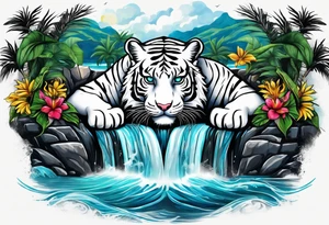 Two tigers: a white tiger and black tiger on opposite sides of the waterfall with a calligraphy ink container at the top and the Bahamas and Jamaica flag on opposite sides. tattoo idea