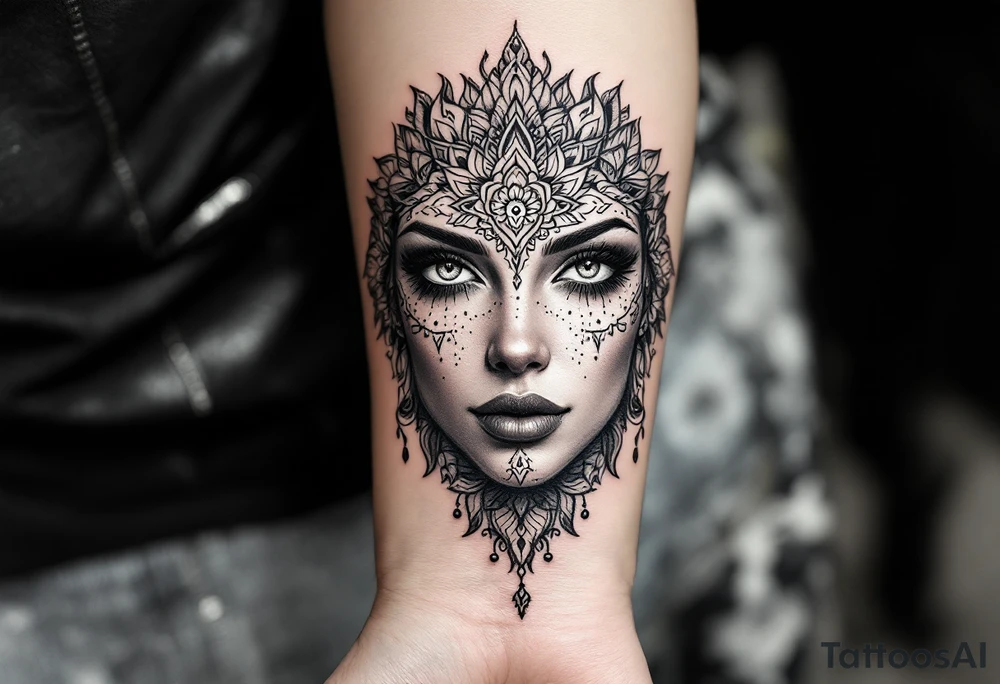 beautiful woman dmt deity eyes white with mandala fully behind head tattoo idea