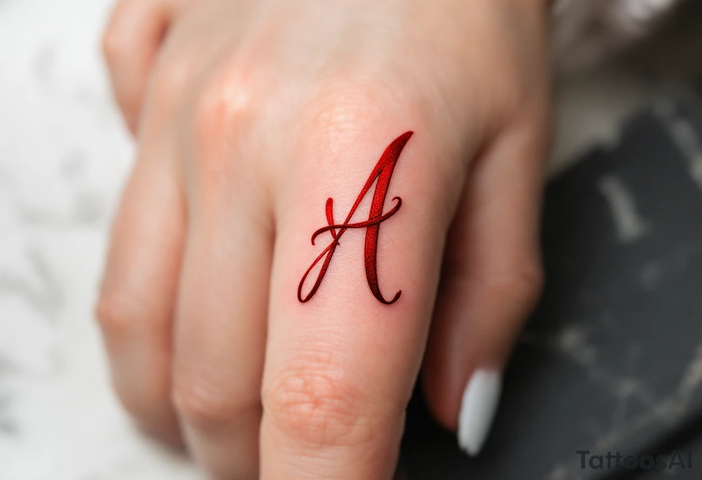 A script "A" formed by a red ribbon wrapping in the shape of the letter on one finger. tattoo idea